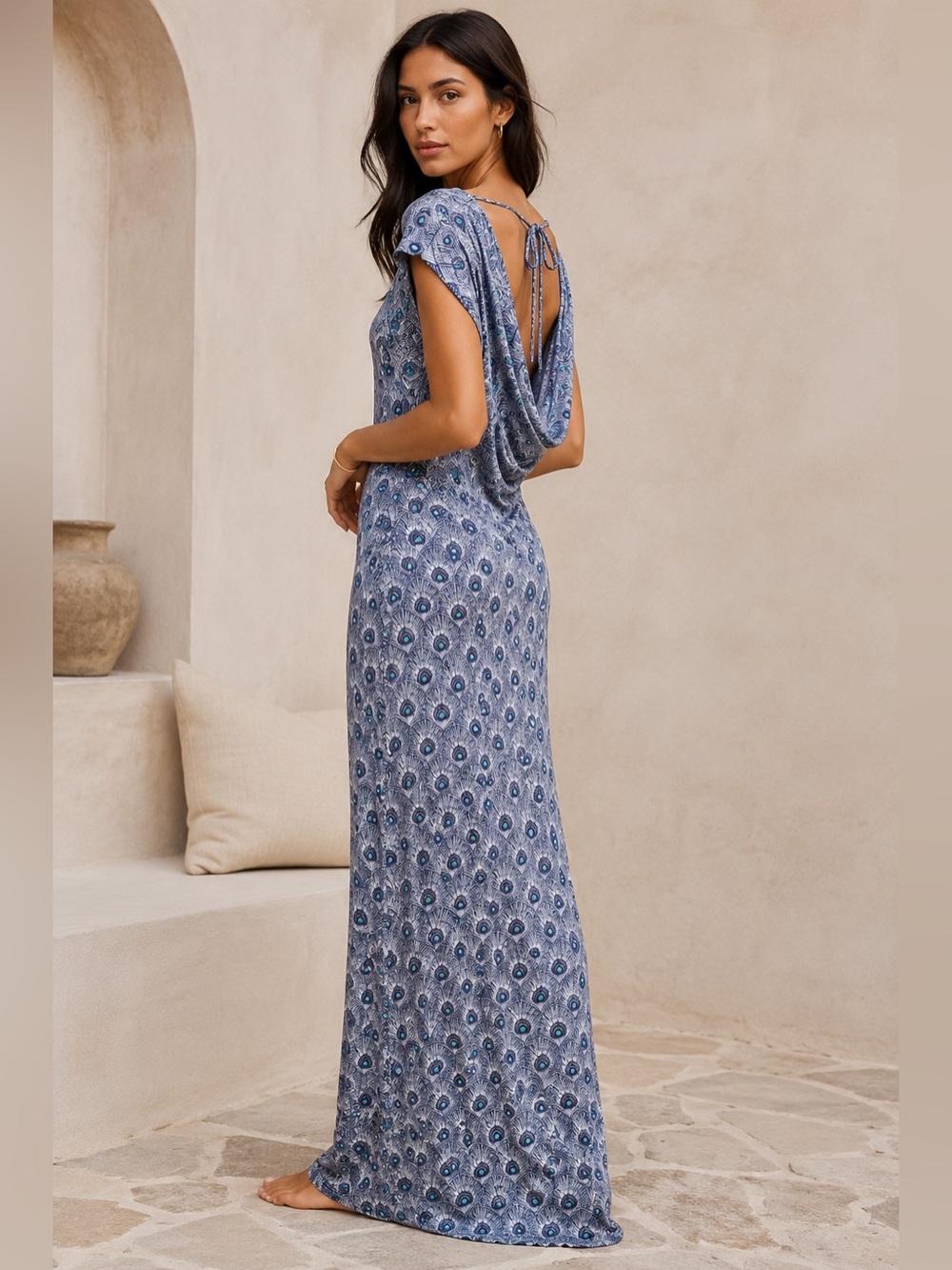 Tory Burch Silk Peacock Feather Print Maxi Dress Chemise Gown Blue Purple‎ XS/S